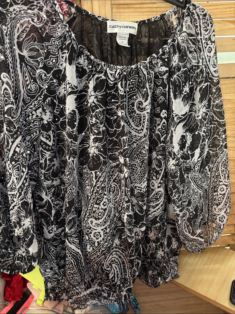 Cathy Daniels Black and White Paisley Print Blouse 1X